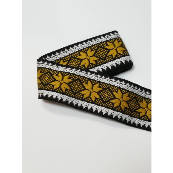 Vintage 70s Floral Jacquard Trim 2" Wide, Boho Black White Brown Gold Woven Trim - Picture 5 of 5
